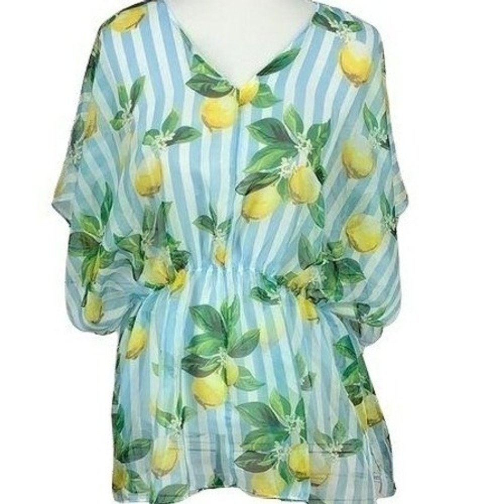 West Loop Women Lemon Stripe Beach Cover-Up Kaftan Top Blue White OSFM